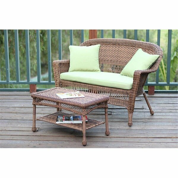 Jeco Honey Wicker Patio Love Seat And Coffee Table Set With Green Cushion W00205-LCS029